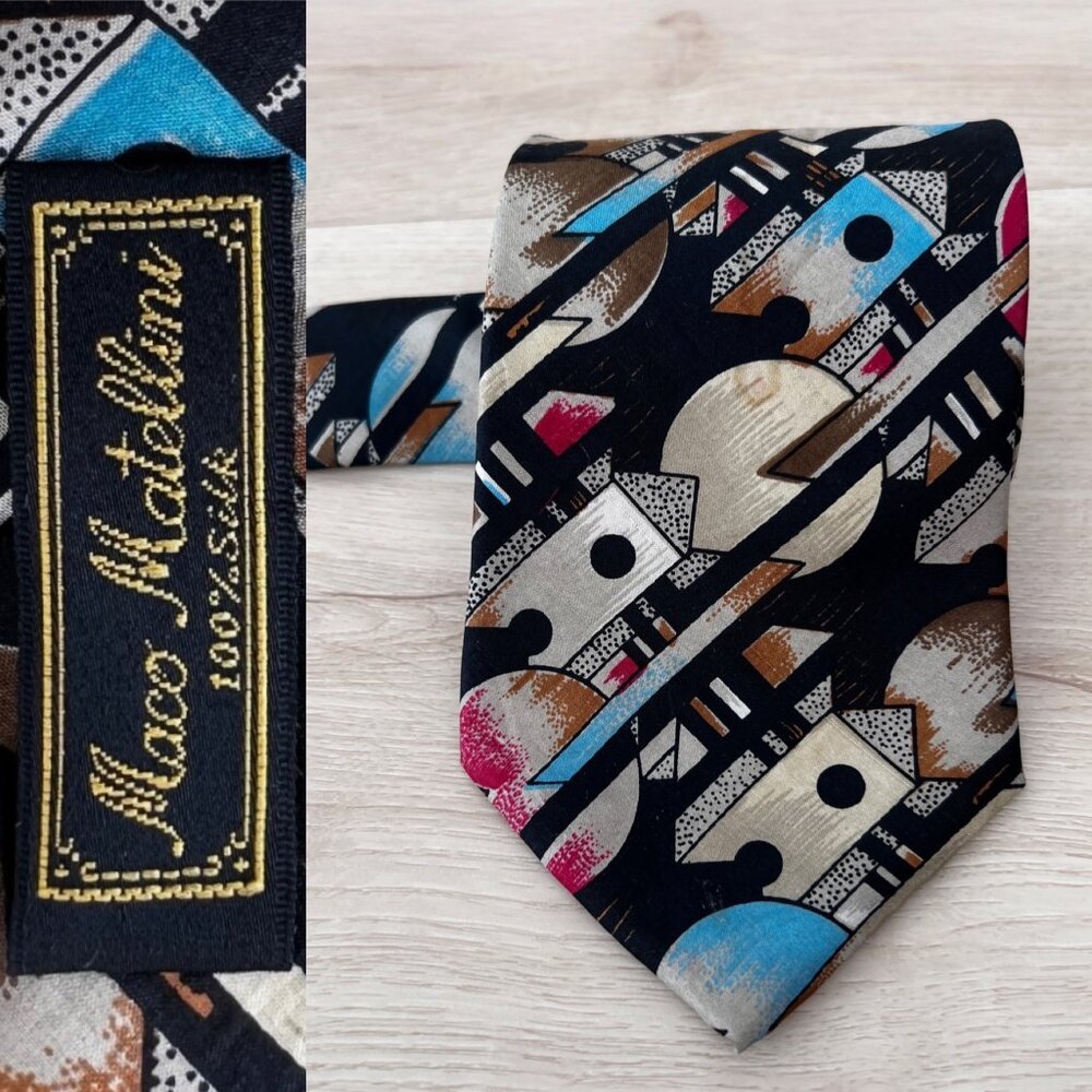 Vintage 80s Maco Matellini 100% Silk Abstract Geometric Print Necktie 55"x 3.5"